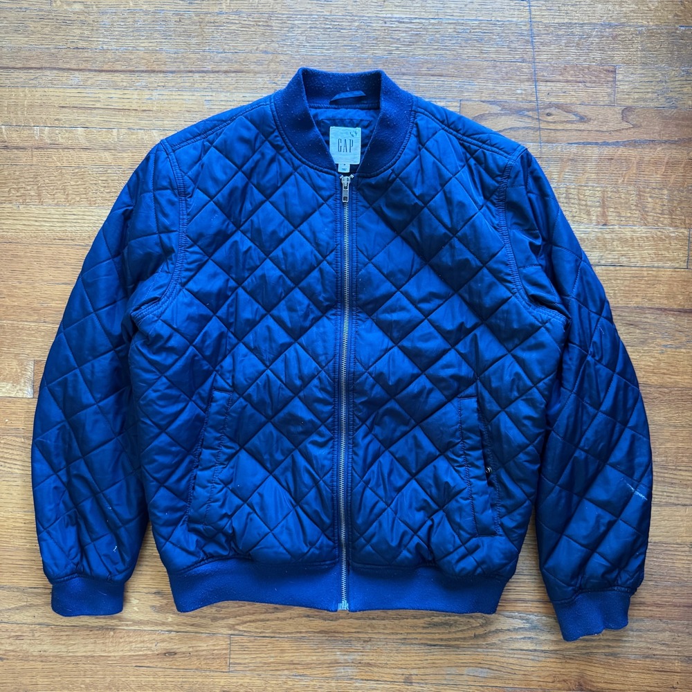 GAP Mens Quilted Bomber Jacket Navy Blue Diamond Pattern Full Zip‎ Size M